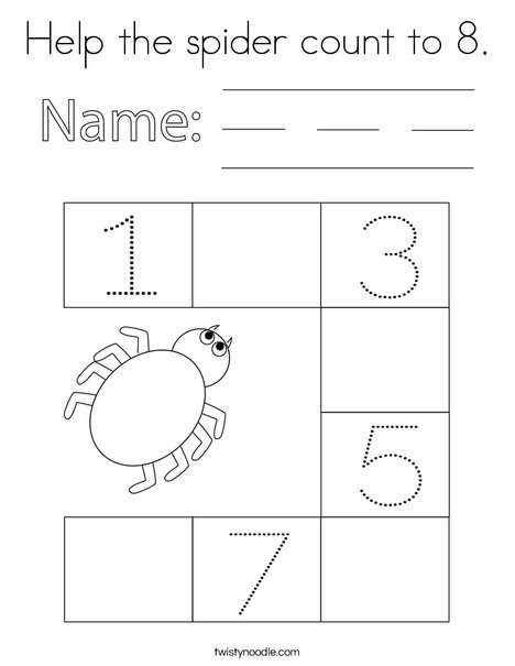 Help the spider count to 8. Coloring Page