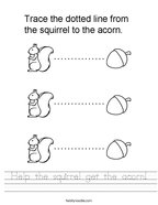 Help the squirrel get the acorn Handwriting Sheet