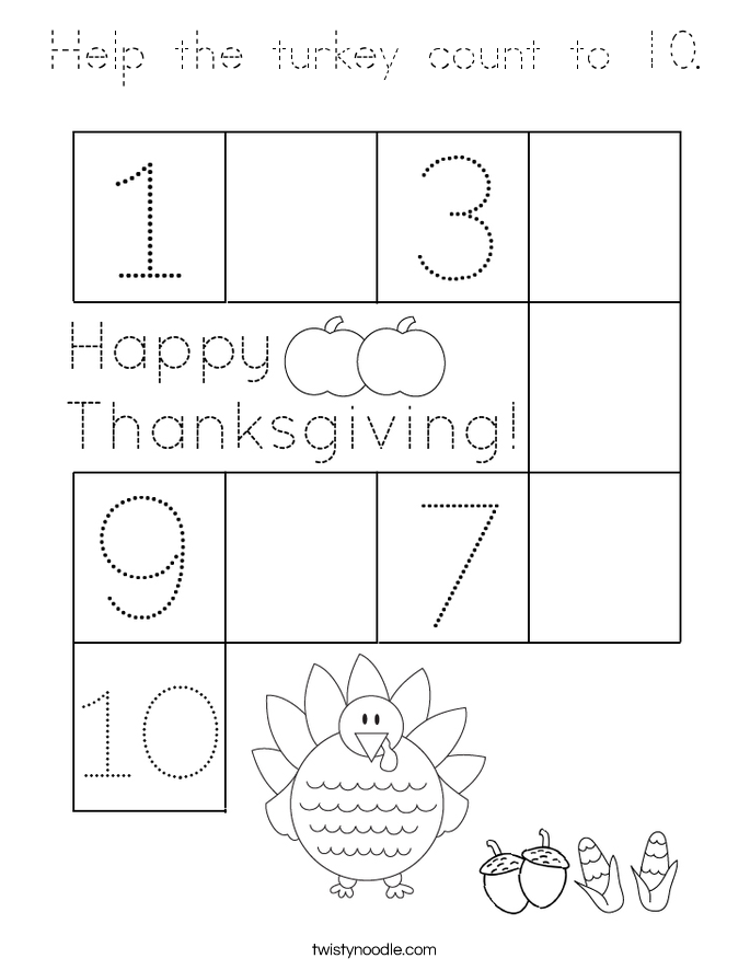 Help the turkey count to 10. Coloring Page