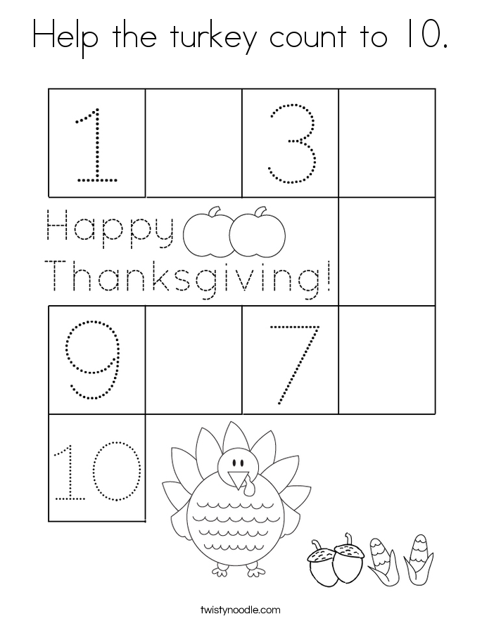 Help the turkey count to 10. Coloring Page