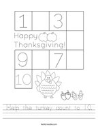 Help the turkey count to 10 Handwriting Sheet