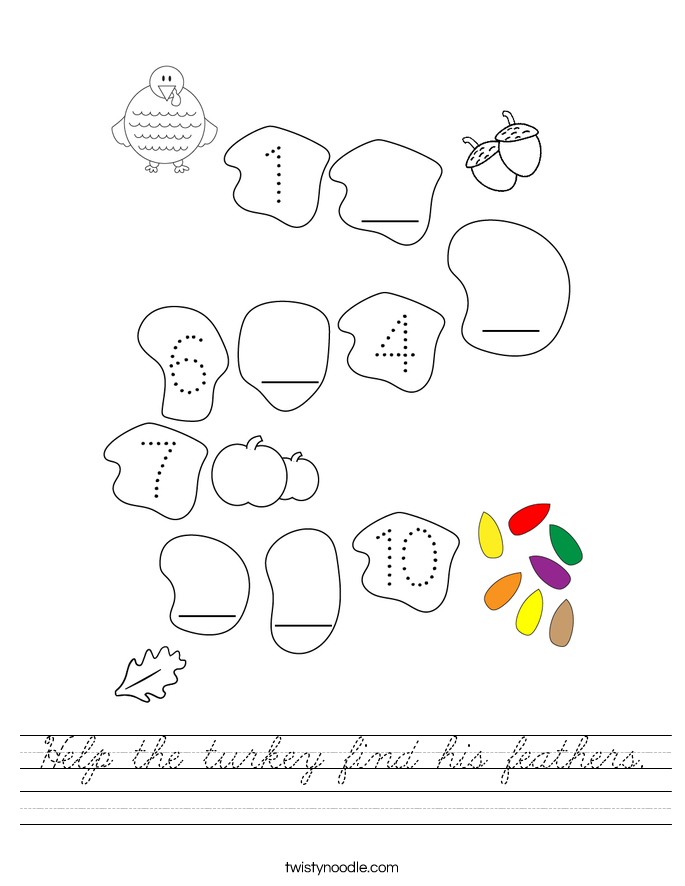 Help the turkey find his feathers. Worksheet