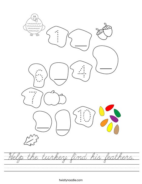 Help the turkey find his feathers. Worksheet