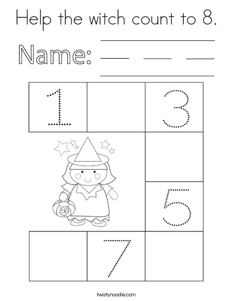 Help the witch count to 8. Coloring Page