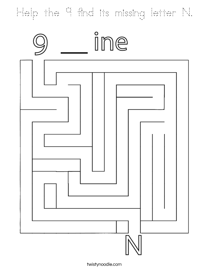Help the 9 find its missing letter N. Coloring Page