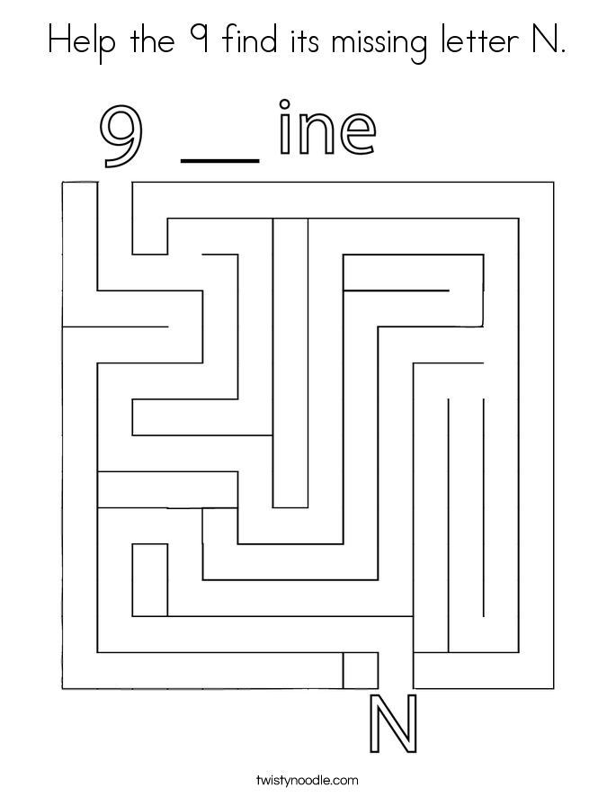 Help the 9 find its missing letter N. Coloring Page