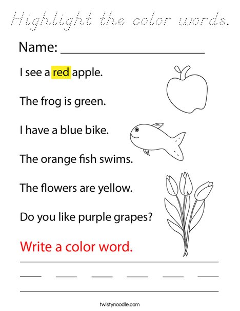 Highlight the color words. Coloring Page