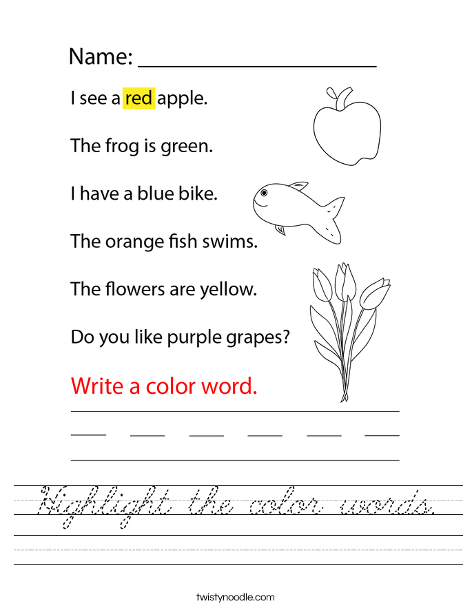 Highlight the color words. Worksheet