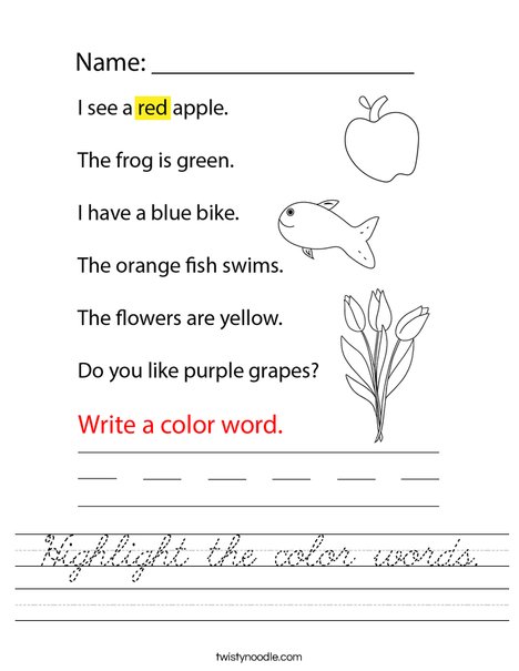 Highlight the color words. Worksheet