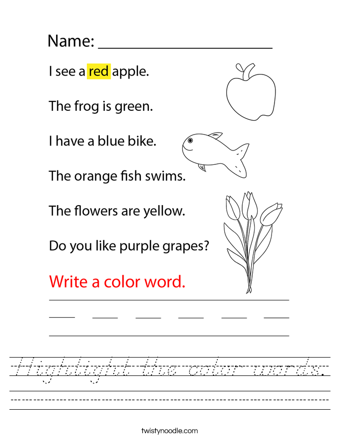 Highlight the color words. Worksheet
