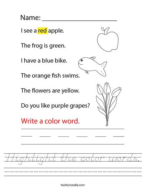 Highlight the color words. Worksheet