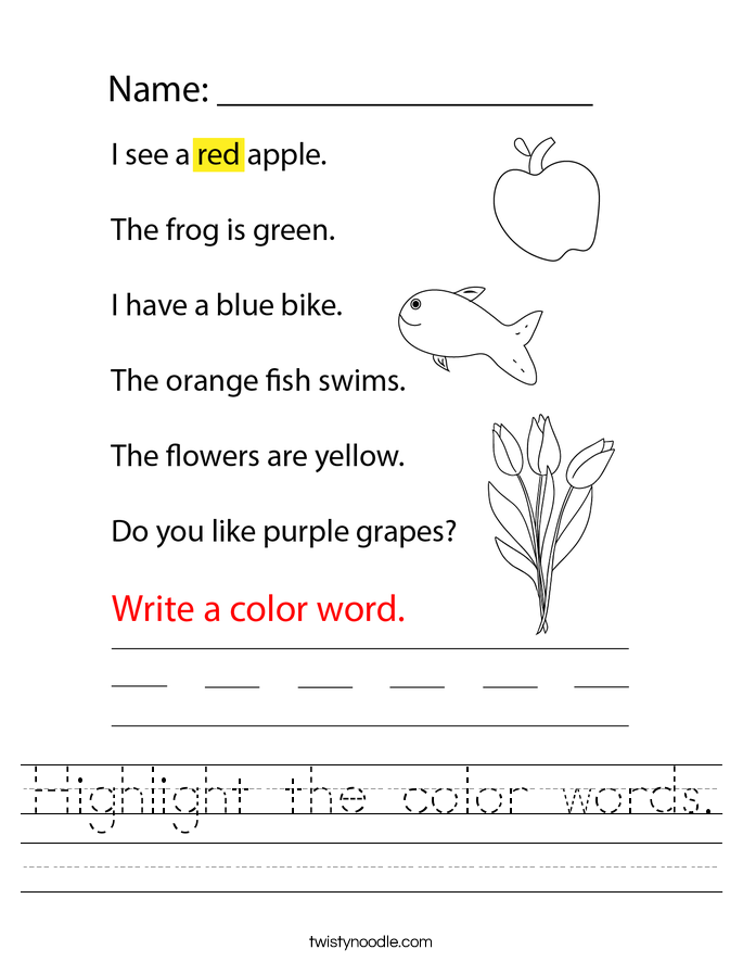 Highlight the color words. Worksheet