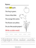 Highlight the color words. Worksheet