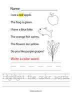 Highlight the color words Handwriting Sheet