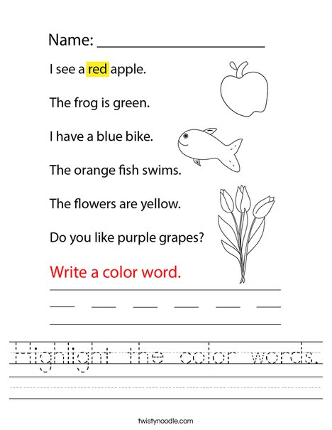 Highlight the color words. Worksheet