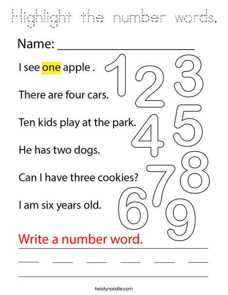 Highlight the number words. Coloring Page