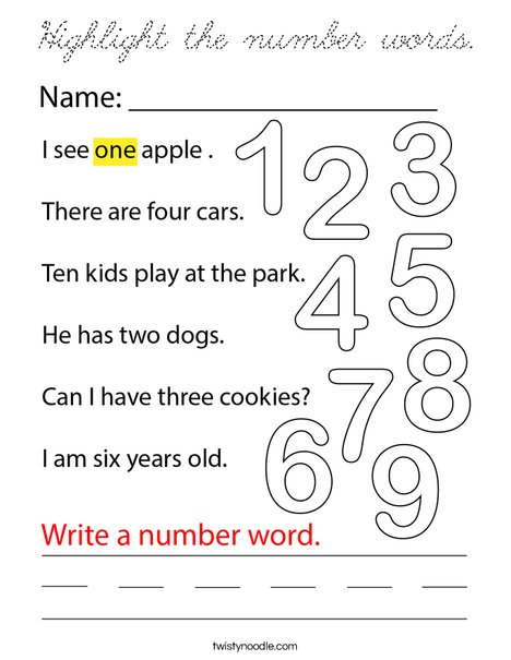 Highlight the number words. Coloring Page