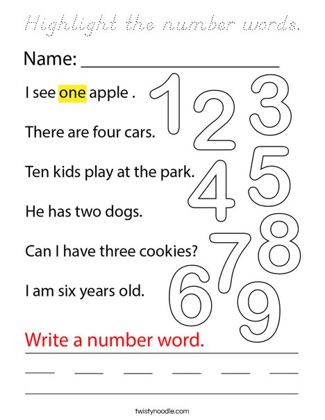 Highlight the number words. Coloring Page