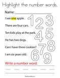 Highlight the number words. Coloring Page