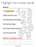 Highlight the number words Coloring Page