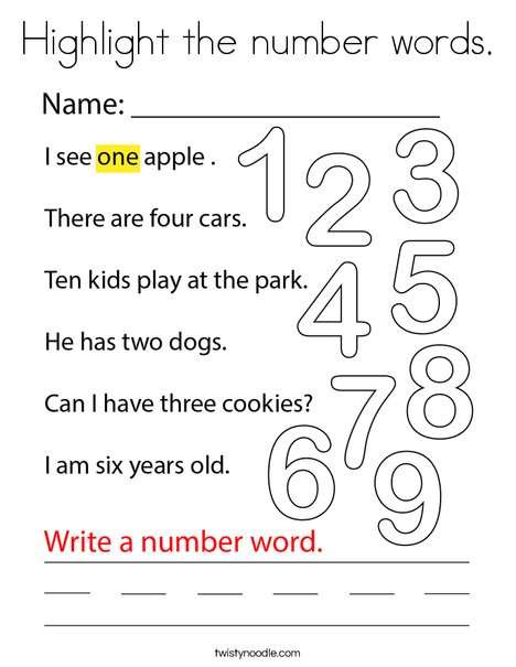 Highlight the number words. Coloring Page