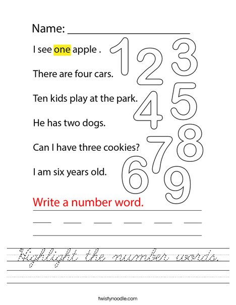 Highlight the number words. Worksheet