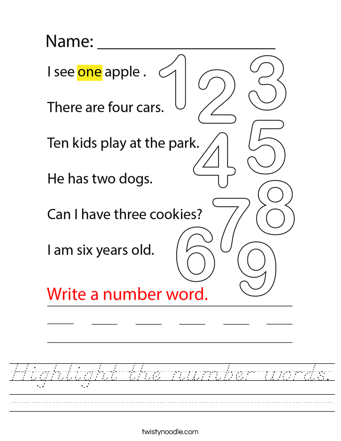 Highlight the number words. Worksheet