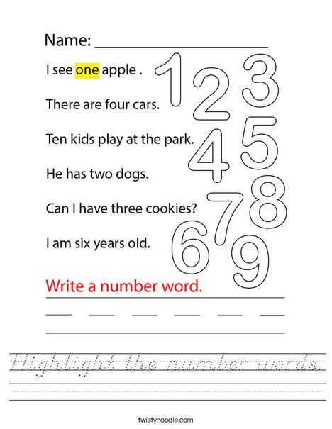 Highlight the number words. Worksheet