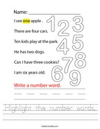 Highlight the number words Handwriting Sheet