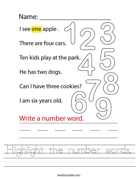 Highlight the number words. Worksheet
