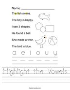 Highlight the Vowels Handwriting Sheet