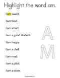 Highlight the word am. Coloring Page
