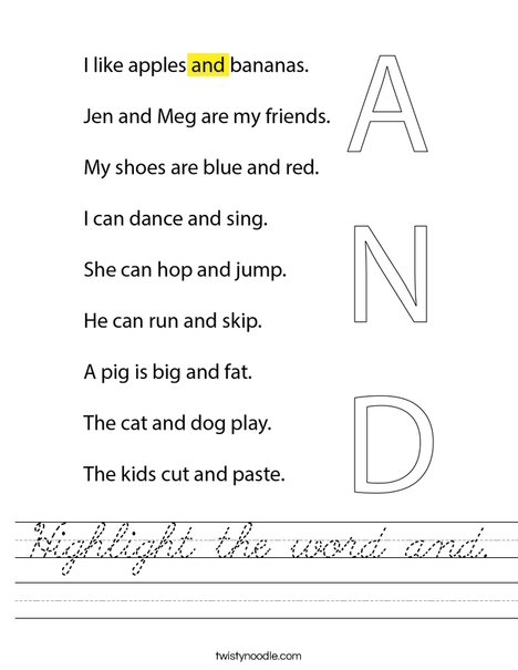Highlight the word and. Worksheet