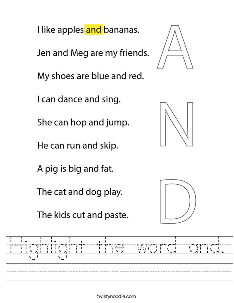 Highlight the word and. Worksheet