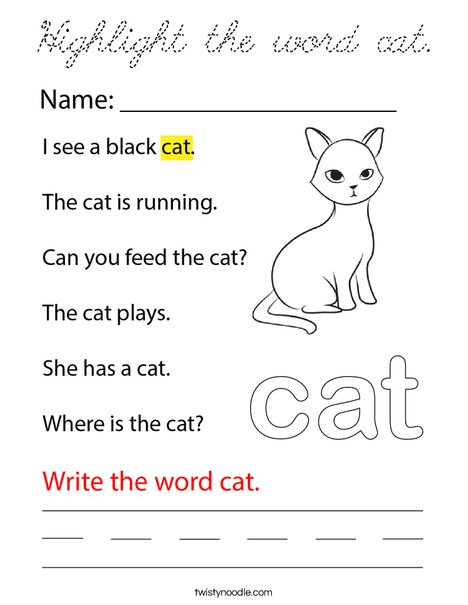 Highlight the word cat. Coloring Page