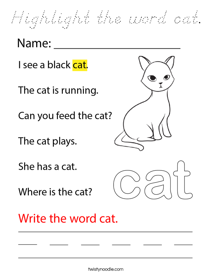 Highlight the word cat. Coloring Page
