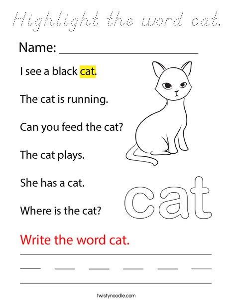 Highlight the word cat. Coloring Page