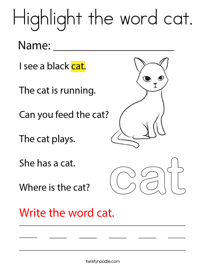 Highlight the word cat. Coloring Page