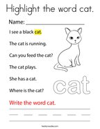 Highlight the word cat Coloring Page