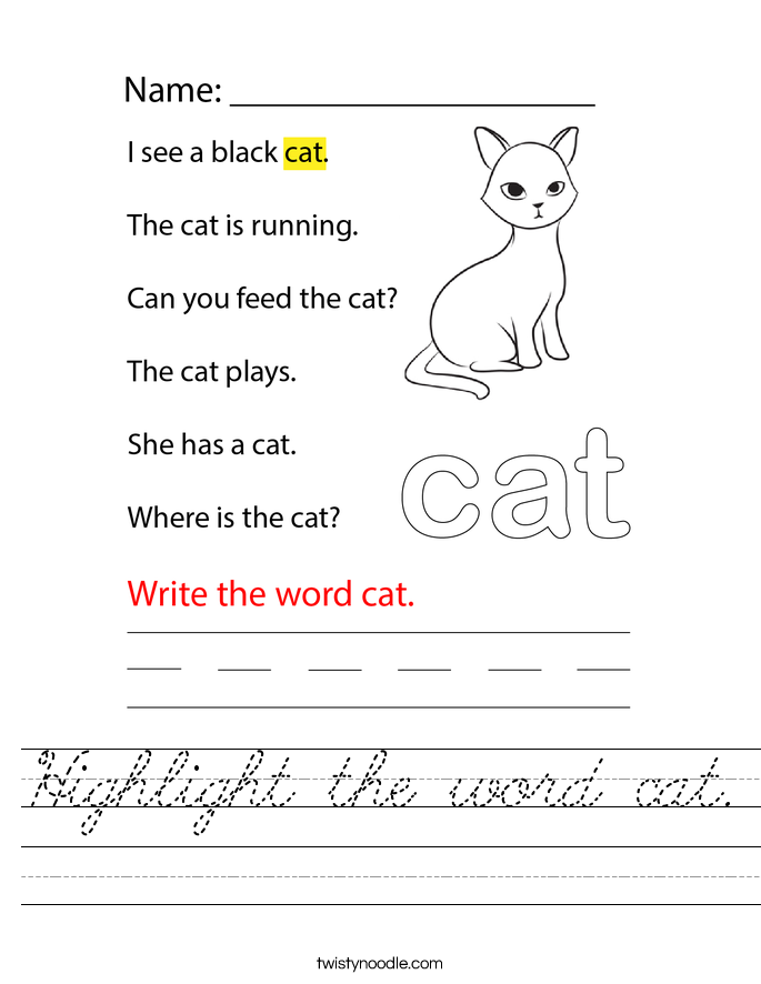 Highlight the word cat. Worksheet