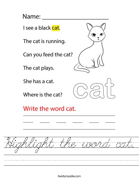 Highlight the word cat. Worksheet