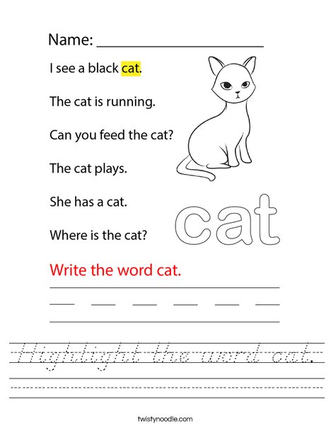 Highlight the word cat. Worksheet