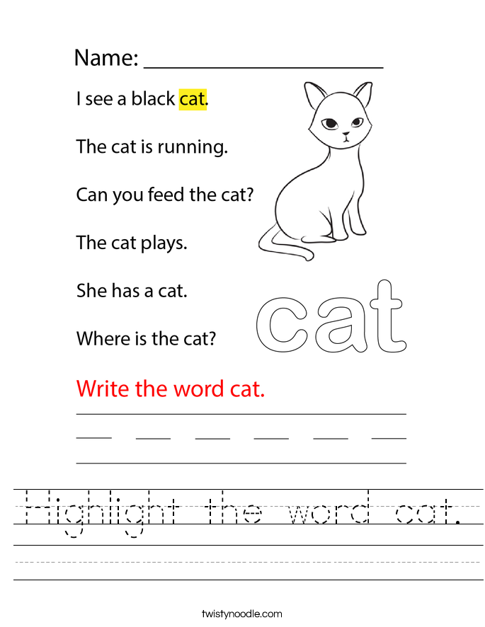 Highlight the word cat. Worksheet