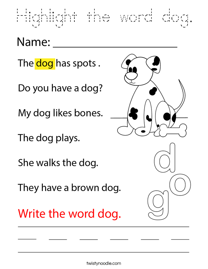 Highlight the word dog. Coloring Page