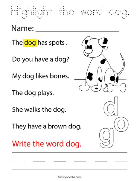 Highlight the word dog. Coloring Page