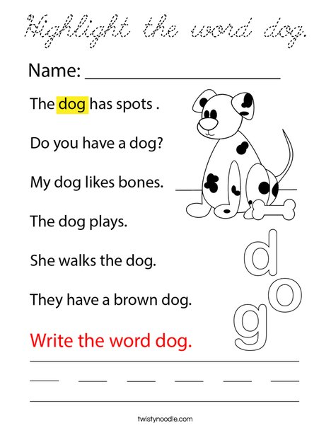 Highlight the word dog. Coloring Page