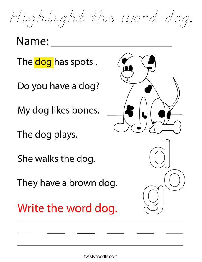 Highlight the word dog. Coloring Page