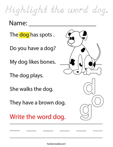 Highlight the word dog. Coloring Page