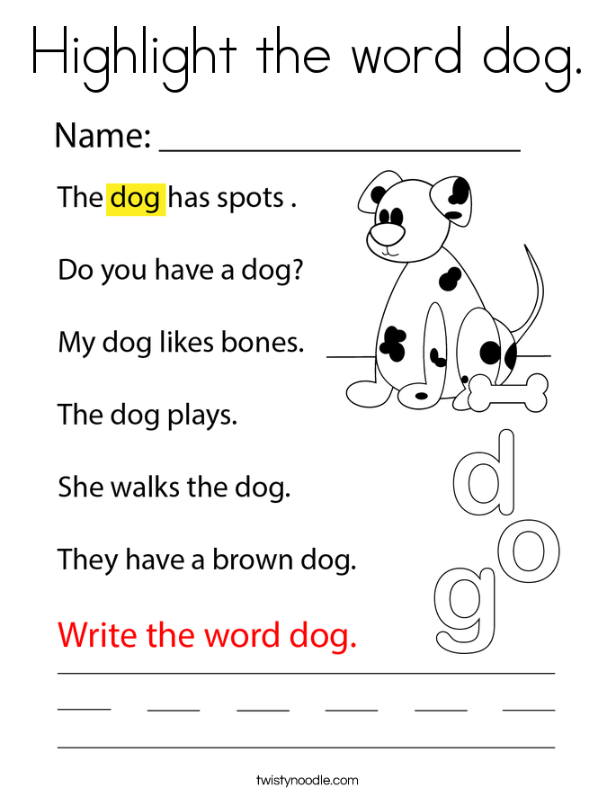 Highlight the word dog. Coloring Page