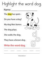 Highlight the word dog Coloring Page